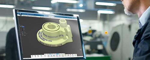Software per l'incisione Type3 utilizzato per proiettare il testo inciso su un componente industriale 3D