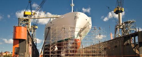 Ship construction and scaffolding in shipyard